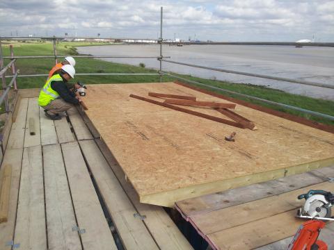 Wooden frames constructed as a base for the ephemeral wetland green roof experiment - Barking Riverside, London, UK. (©UEL SRI)